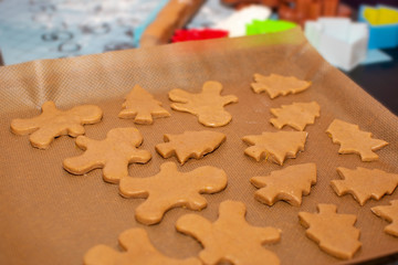 Fototapeta premium raw dough in the form gingerbread cookies of Christmas trees and little men lie on baking paper close-up. Selective focus. In the background paraphernalia for the manufacture of Christmas cookies