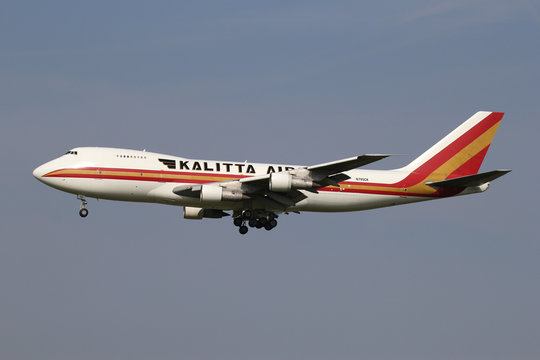 LIJNDEN, THE NETHERLANDS - AUGUST 1, 2014: US American Kalitta Air Boeing 747-200F with registration N795CK on short final for runway 18C of Amsterdam Airport Schiphol.