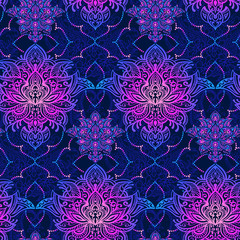 Seamless pattern with indian and arabic ornaments. Paisley and stylized lotus flowers