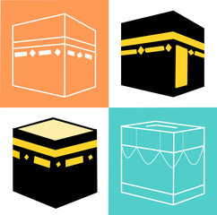 Set of Islamic vector design kaaba in Mecca icon for Hajj and Ramadan or Eid. Islamic Icons mosque Mecca Eid Mubarak Line Art Icons Set Pray Kabah  mosque Mecca. Vector illustration. Green and Orange