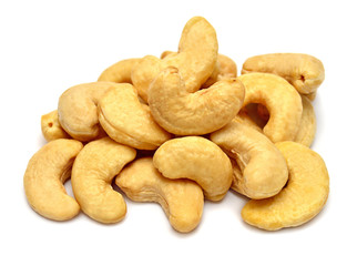 Cashew nuts isolated on white background. Perfectly retouched, full depth of field on the photo. Top view, flat lay