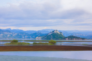 Skadar lake view, Montenegro, in a misty early blue morning