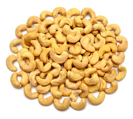 Cashew nuts isolated on white background. Perfectly retouched, full depth of field on the photo. Top view, flat lay