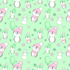 seamless pattern with cute penguins in hat