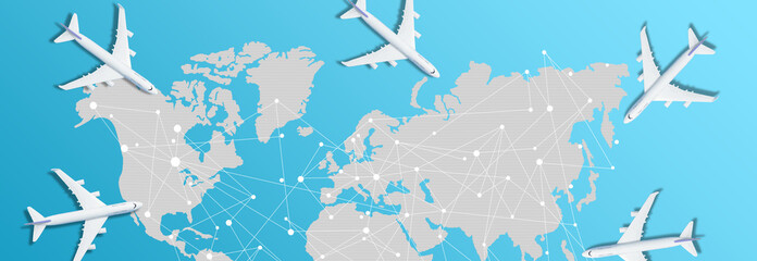 Air travelling concept, passport and boarding pass. Three passports and airplane tickets on background, banner, copy space