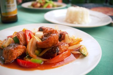 Stir fried shark marinated in sweet and sour sauce, served with steamed rice at a restaurant in Phuket, Thailand.