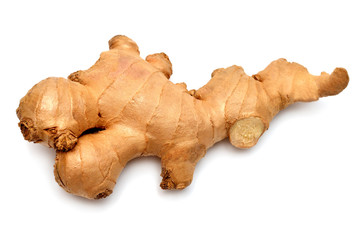 Fresh ginger root isolated on white background. Creative medical concept, spice in cooking. Perfectly retouched, full depth of field on the photo. Top view, flat lay