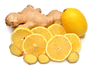 Ginger root and lemon isolated on a white background. Perfectly retouched, full depth of field on the photo. Top view, flat lay