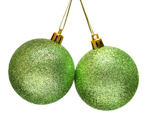 Two green christmas ball isolated on white background. Perfectly retouched, full depth of field on the photo
