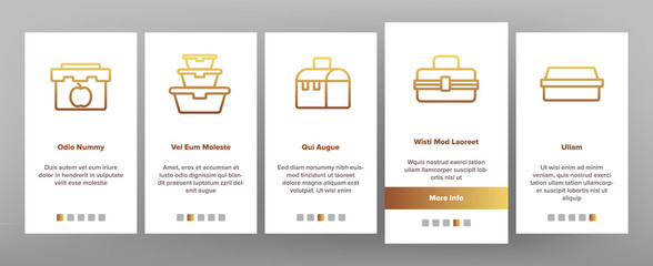Lunch Box Onboarding Mobile App Page Screen Vector Plastic School Lunch Box And Container For Transportation Nutrition Illustrations