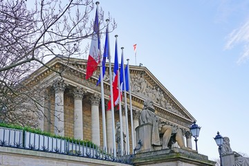 Day view of the Palais Bourbon  building in the 7th arrondissement of Paris, home of the French Parliament, or Assemblee Nationale (National Assembly) - obrazy, fototapety, plakaty