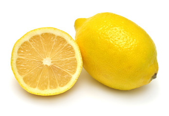 Lemon whole and slice fruit isolated on white background. Perfectly retouched, full depth of field on the photo. Top view, flat lay