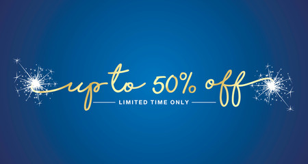 50 percent off sale handwritten lettering tipography sparkle firework gold white blue sticker banner