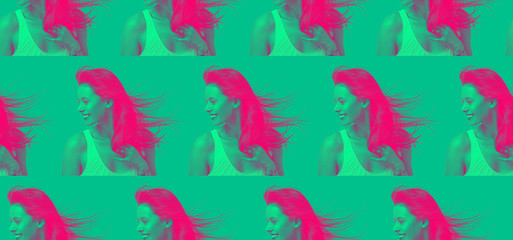 Beautiful girl smiling. Color negative fashionable seamless background.