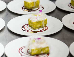 cake cut and platted ready to be served at a restaurant 