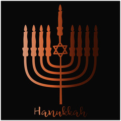 Happy Hanukkah card with menora. Jewish holiday background. David Star. Poster print typographic inscription.Vector illustration.