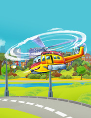 cartoon scene with fireman emergency vehicle helicopter flying near park road - illustration for children