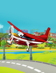 Obraz na płótnie Canvas cartoon scene with fireman emergency vehicle plane flying near park road - illustration for children