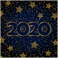 Happy New Year 2020. Brochure design template, Xmas card, sale banner. Luxury cards invitations party for the New Year 2020. Gold numbers against a dark background. Vector illustration.