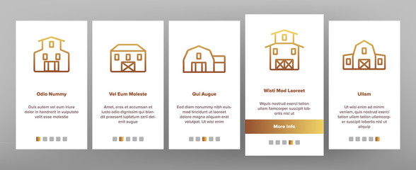 Farmhouse Onboarding Mobile App Page Screen Vector. Barn, Farmhouse And Farm Building, Storage For Agricultural Product Illustrations