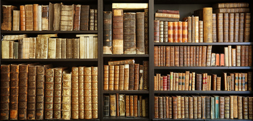 old books on wooden shelf
