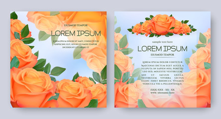 Floral vector card set with flowers of realistic orange rose on blue background. Romantic 3d templates for wedding invitation, greeting card, cosmetic products, packages, gift wraps, design elements