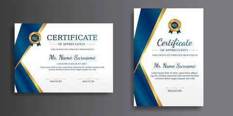 Premium gold and blue certificate of achievement template, clean modern design with gold badge