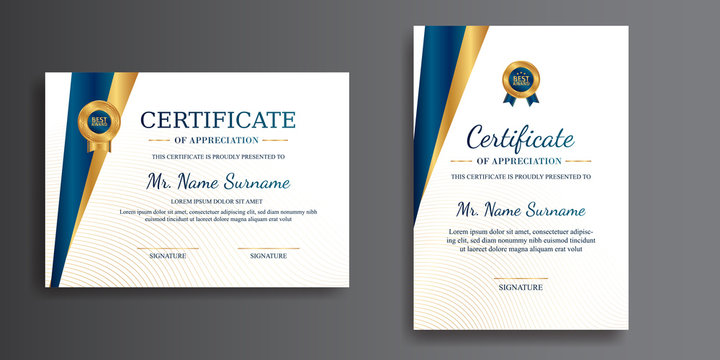 Premium gold and blue certificate of achievement template, clean modern design with gold badge