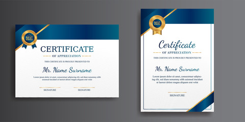 Premium gold and blue certificate of achievement template, clean modern design with gold badge