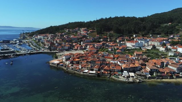 Aerial Panorama of Idyllic Combarro Village, Galicia Spain, View on Port With Fisherman Boats and Residental Coastal Houses