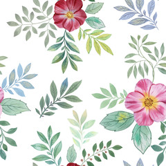 Seamless watercolor pattern on a white background. Decorative ornament. Seamless botanic pattern. Flowers for design. Drawn flowers. Elegant leaves for art design.