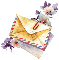 Watercolor illustration of paper envelop and flower