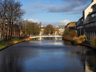 View of a bridge on Witte Singel waterway in the city of Leiden, the Netherlands