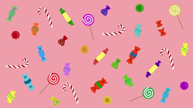 2D animation, sweet candies moving on pink background. Tasty sweets, unhealthy food, backgrounds.