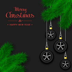 Car wheels on a Christmas tree branch