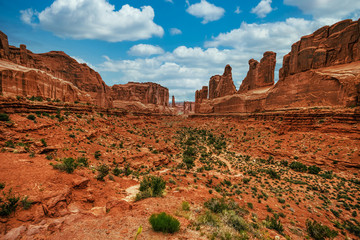 Viewpoint into the Park Avenue Trailhead, a popular filming location. Arches National Park near...