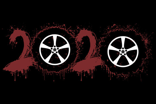 Abstract numbers 2020 and car wheel from blots