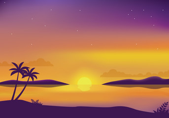Sunset at beach vector illustration. Sunset landscape background with beautiful scene 