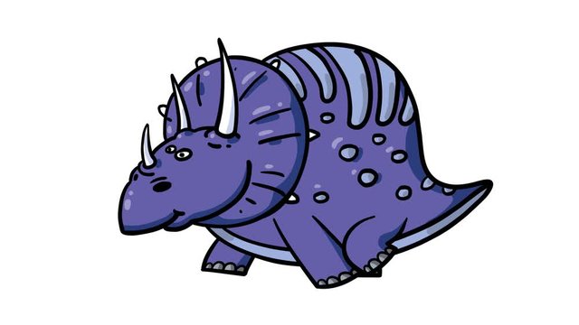 Cartoon dinosaur triceratops walking cycle. Alpha matte included. Cute 2d hand made prehistoric violet animal character animation good for any use. 
