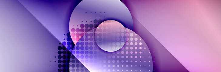 Dynamic trendy geometrical abstract background. Circles, round shapes 3d shadow effects and fluid gradients. Modern overlapping round forms