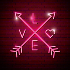 arrows with love lettering of neon lights vector illustration design