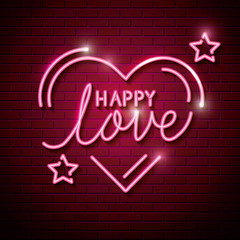 happy love with heart and stars of neon lights vector illustration design