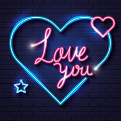 lettering of love with hearts and star of neon lights vector illustration design