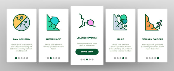 Landslide Onboarding Mobile App Page Screen Vector. Snowy And Stone Landslide From Mountain, Road Mark And Ruined House Illustrations