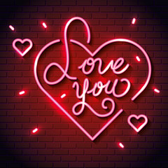 love you lettering with hearts of neon lights vector illustration design
