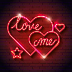 lettering of love me with hearts of neon lights vector illustration design