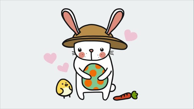 white rabbit holding Easter egg and baby chick friend cartoon