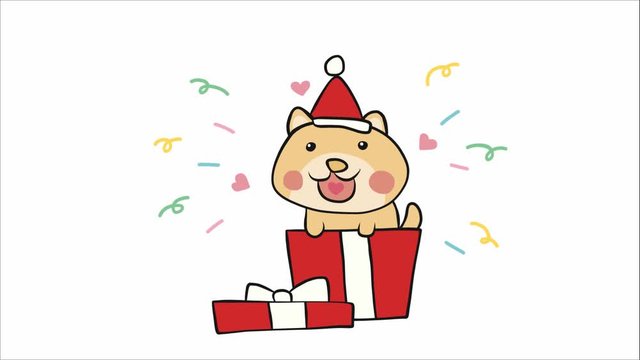 Merry Christmas dog wear Santa hat stay in gift box cartoon