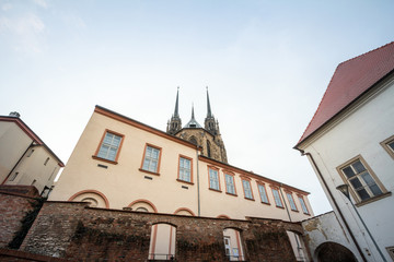 Obraz premium Brno Cathedral of saints peter and paul, seen from the bottow of Petro Hill, at dusk. Also called katedrala svateho petra a pavla, it is a major landmark of the city of Brno, Moravia, Czech Republic