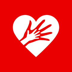 Two Hands in the Heart Icon as Orphan Children Adoption Metaphor on Red Background. Great an Illustration or Logo for Child Adoption or Medical or Kids Health Care Charity Agency
